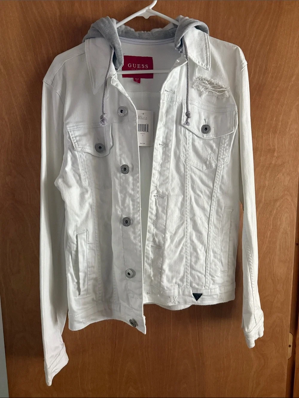 Guess White Distressed Denim Jacket with detachable Hood Size Small - Unisex